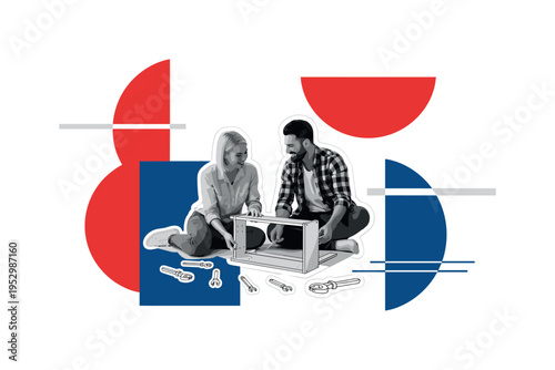 Black and white couple assembling furniture on the floor, smiling and surrounded by scattered tools, abstract semicircles and rectangular shapes in red and