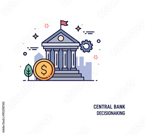 Central bank decision making badge centered on a simplified government building silhouette paired with a coin and small gear icon. The scene communicates
