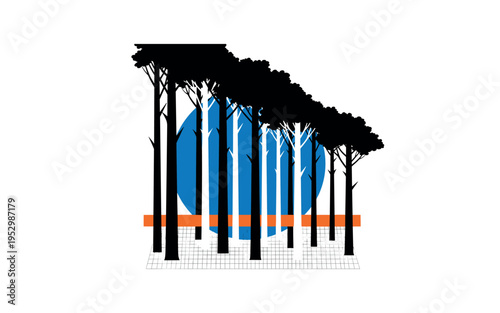 Black and white forest of simplified vertical tree trunks, bold blue circular backdrop partially hidden behind canopy, orange horizontal bar grounding the