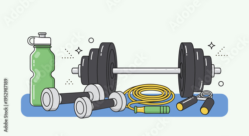 A collection of fitness equipment including dumbbells, a water bottle, and a jump rope in a modern flat style