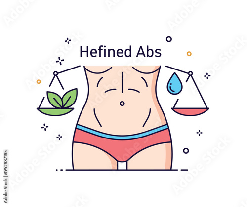 Defined abs healthy lifestyle concept illustrated by a sculpted midsection symbol combined with a tiny leaf and water drop accent. A balanced visual metaphor