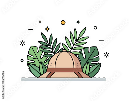 Jungle adventure concept showing a compact explorer hat placed in front of layered tropical foliage. The scene reflects exploration, discovery, and curiosity