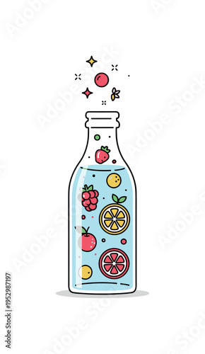 Fruit infused sparkling water illustration centered on a transparent bottle with floating berry and citrus icons inside, expressing flavor variety, lightness,