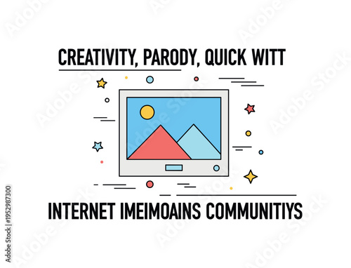 Internet meme creation theme illustrated with a simple image frame and bold caption lines above and below, expressing creativity, parody, and quick wit in