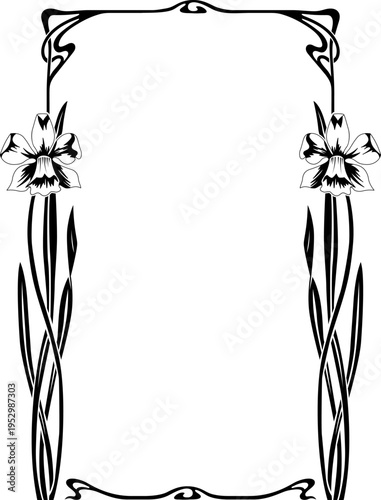 Black framework and narcissus flowers, vignette and text divider. Art nouveau modern style of 1920-s.