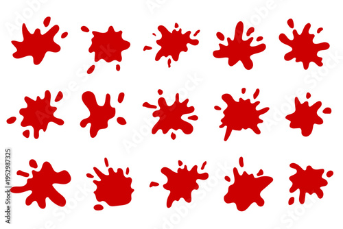 Red liquid splash shapes set with irregular drops and blots. Ketchup, paint or sauce splatter elements for food design, posters and creative graphics