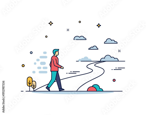 Quiet reflection after loss depicted as a lone figure walking along a minimal winding path toward a distant horizon, expressing separation, contemplation, and