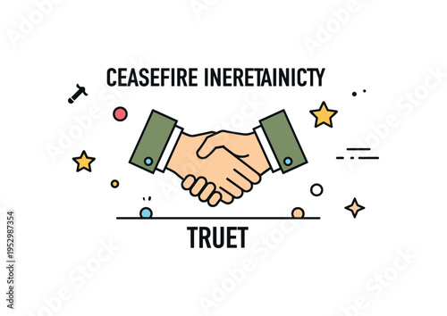 Ceasefire uncertainty two hands in military sleeves hesitating before a cautious handshake across a thin line labeled Truce, reflecting fragile hope amid