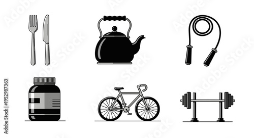 A collection of fitness and health-related icons in a minimalist style, including utensils, a kettle, and exercise equipment