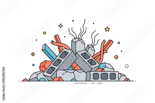 Urban rubble and debris concept focusing on a compact pile of broken concrete blocks and twisted beams arranged as a symbolic badge of destruction