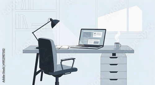 Illustration of a modern home office setup featuring a desk, chair, laptop, and lamp, bathed in natural light from a window