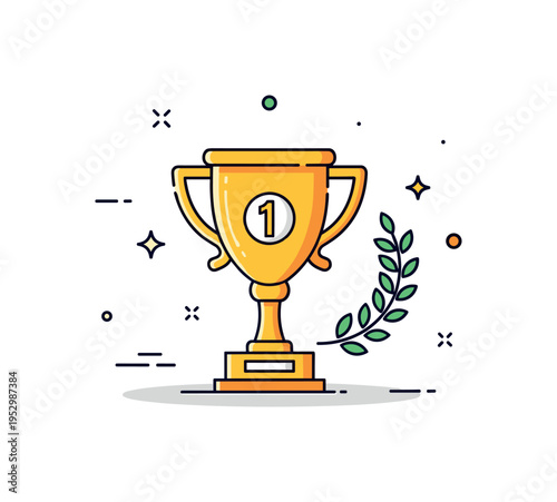 Sports victory trophy scene featuring a gold cup icon combined with a small laurel wreath, symbolizing competition, honor, and athletic triumph. A clean
