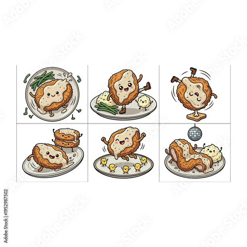 Fried Chicken Steak with White Sauce Cartoon Vector  Crispy Fried Chicken Cutlet with Creamy Sauce Vector Crispy Chicken Cutlet with Gravy Sauce 