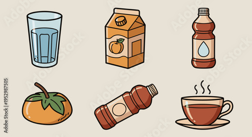 A collection of beverage icons including a glass, juice carton, and tea cup in a colorful, modern style