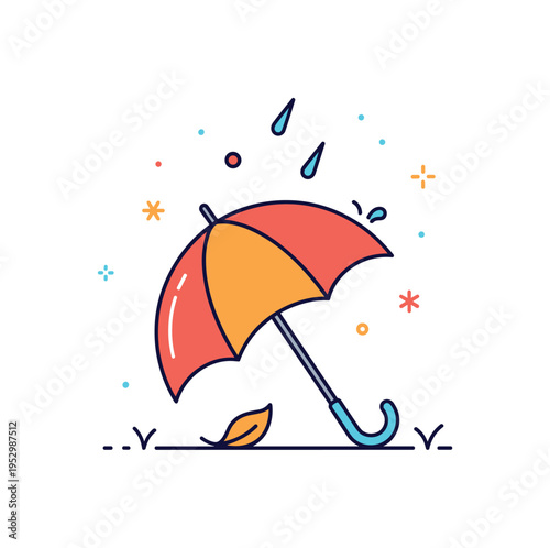 Autumn rain scene umbrella resting on ground beside a small fallen leaf under gentle drizzle, conveying seasonal transition and reflective mood. Minimalist