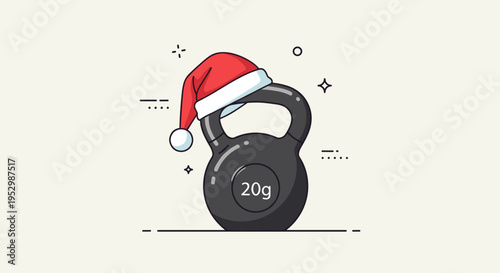 A festive kettlebell wearing a Santa hat, illustrated in a modern, minimalist style, ideal for holiday fitness themes