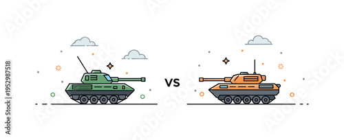Military standoff two simplified armored vehicles positioned on opposite sides of a thin boundary line under a muted sky, expressing suspense and restrained