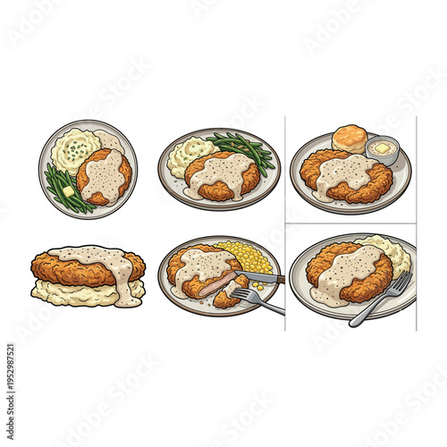 Fried Chicken Steak with White Sauce Cartoon Vector  Crispy Fried Chicken Cutlet with Creamy Sauce Vector Crispy Chicken Cutlet with Gravy Sauce 