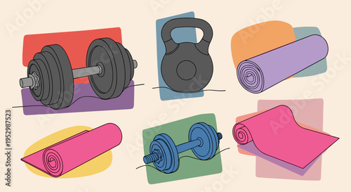 A colorful collection of fitness equipment including dumbbells, kettlebell, and yoga mats in a flat design style