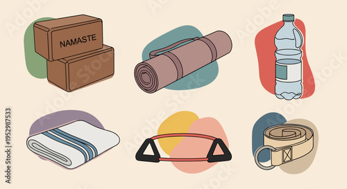 A collection of yoga essentials including blocks, a mat, a water bottle, and a strap in a minimalist style