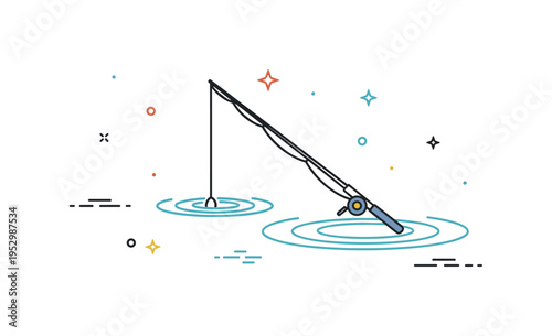 Lakeside fishing moment idea illustrated by a simple fishing rod silhouette extending over gentle water ripple lines. A quiet and reflective visual metaphor of