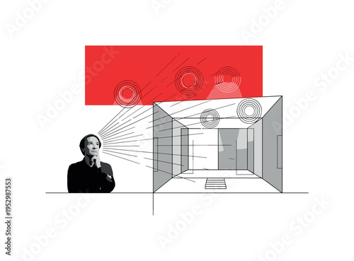 black and white playwright standing beside minimal geometric stage mockup, bold red rectangle dominating upper space like theater backdrop, thin parallel lines