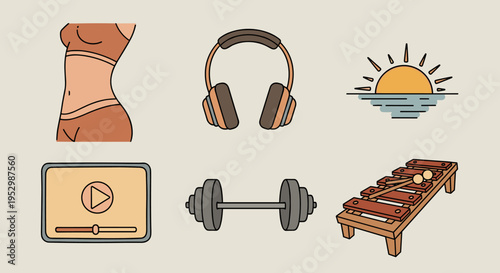 A collection of icons representing fitness and music, featuring a torso, headphones, a play button, weights, and a xylophone in a minimalist style