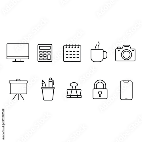 Modern minimalist line icons set featuring office and technology elements for presentations and designs
