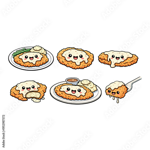Fried Chicken Steak with White Sauce Cartoon Vector  Crispy Fried Chicken Cutlet with Creamy Sauce Vector Crispy Chicken Cutlet with Gravy Sauce 