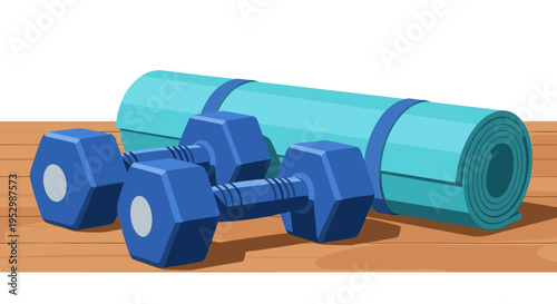 A vibrant illustration of blue dumbbells and a turquoise yoga mat on a wooden floor, in a modern flat style