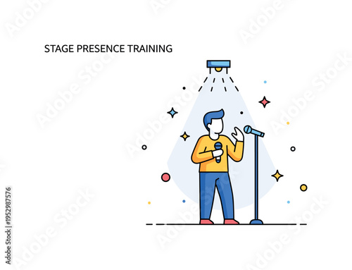 Stage presence training concept with a singer under a small spotlight practicing expressive gestures, conveying confidence building and performance readiness.