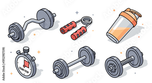 A colorful illustration featuring gym equipment, including dumbbells, a stopwatch, and a protein shaker in a modern style