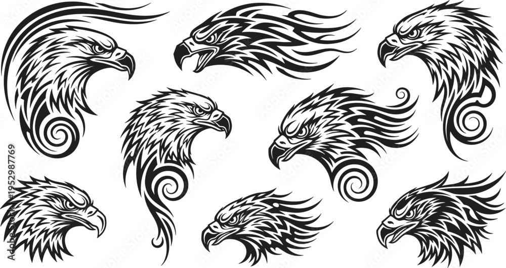 Fototapeta premium Detailed Eagle Head Vector Set with Dynamic Tribal Feather Flow and Bold Line Art, Fierce Bird Mascot Designs for Tattoos, Logos, and Branding Graphics