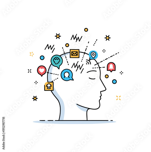 Overstimulation in modern life concept featuring a head silhouette surrounded by small notification icons and vibrating lines, conveying digital overload and