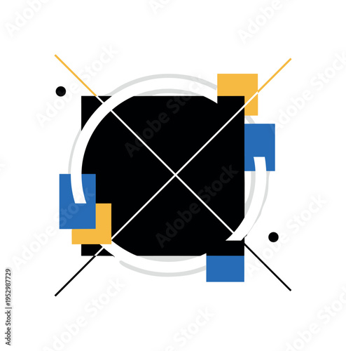 Dynamic geometric layout featuring a large black square offset against a white circular frame, intersected by diagonal lines and small abstract blocks in