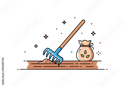 Garden preparation before planting featuring a simple rake smoothing soil lines with a small seed pouch nearby, symbolizing readiness and seasonal planning.