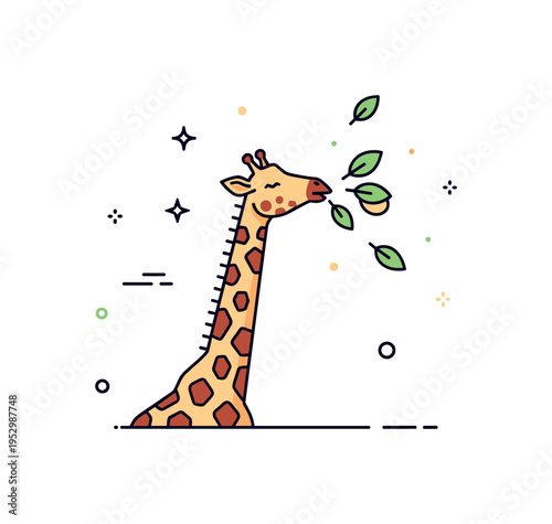 Giraffe feeding behavior concept featuring a tall neck extended toward simple acacia leaves with small falling leaf accents, symbolizing adaptation and
