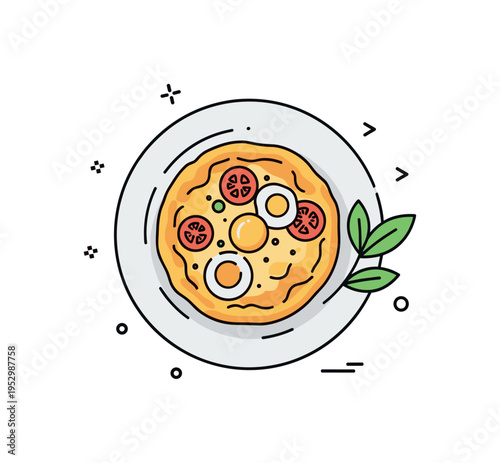 Healthy brunch frittata plate presenting a round egg dish on a simple serving plate with minimal garnish leaves beside it, expressing balanced nutrition and