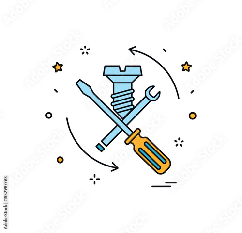 Tool and hardware concept simple screw and screwdriver crossed in a compact badge layout with subtle rotation arrows, representing maintenance and mechanical