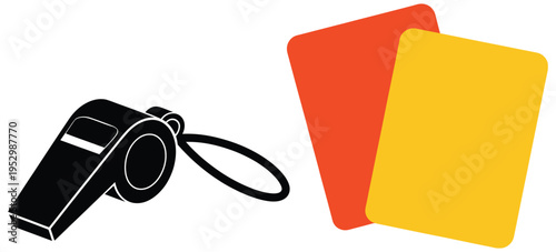 Soccer, referee whistle with red and yellow penalty cards, vector illustration, football officiating equipment, match control symbols, referee tools, game rules icons, flat vector graphics for sports,