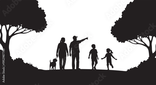 Family silhouette walking in a park with trees and dog