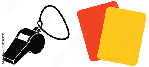 Soccer, referee whistle and penalty cards, red and yellow card icons, football officiating tools, game rules symbols, referee equipment, vector illustration for sports design, match management, 