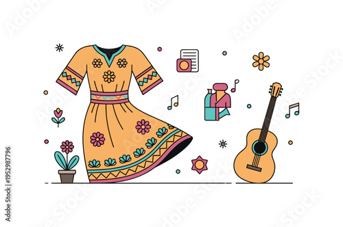 Bohemian style influenced by folk art and acoustic music concept centered on a flowing garment silhouette with small floral motifs and guitar accent,