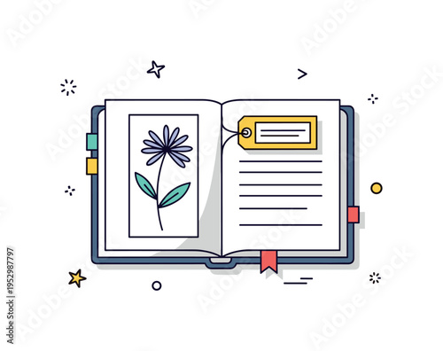 Wildflower identification notes concept shown by a small pressed flower silhouette placed between journal pages with a subtle label tag, conveying learning,