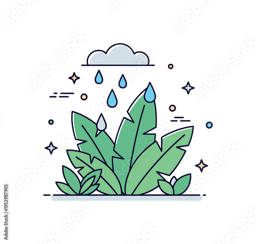 Tropical humidity and rain concept with stylized raindrops falling over broad jungle leaves. The scene communicates freshness, rainfall cycles, and vibrant