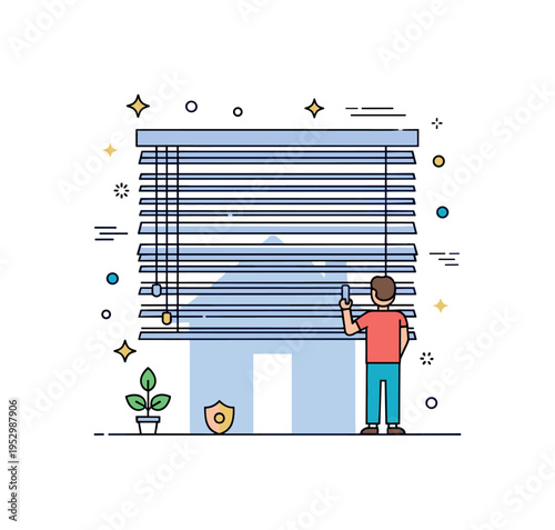 Drawing the blinds for privacy scene featuring horizontal window blinds partially lowered with a subtle house silhouette behind, expressing personal space,
