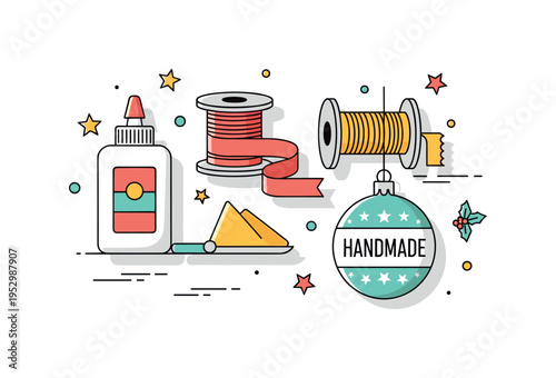 Holiday crafting session compact scene with glue, ribbon spools and a half finished ornament labeled Handmade, expressing joyful preparation and personal touch