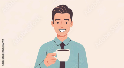 A smiling man in a blue shirt holding a coffee cup, with a warm and inviting expression, perfect for illustrating morning routines or workplace breaks