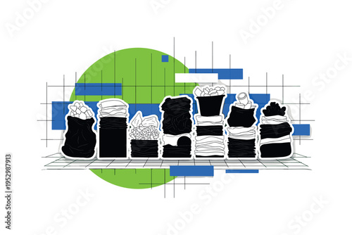 Black and white fragmented waste objects reorganized into clean geometric stacks by invisible digital grid, bold neon green circle behind the organized forms