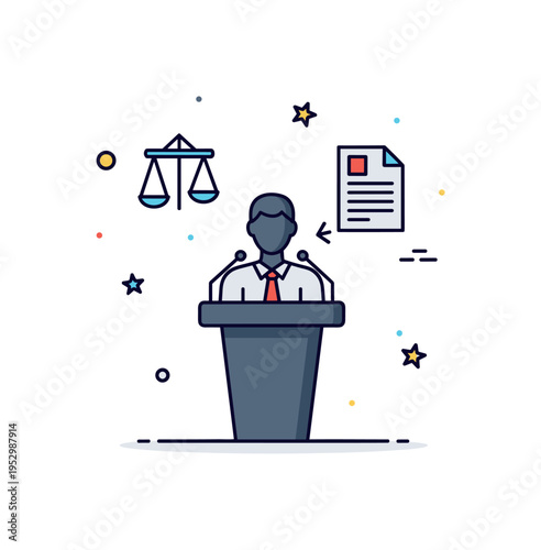 Political leadership and responsibility showing a human silhouette at a podium with a small document icon nearby, symbolizing lawmaking and accountability. The